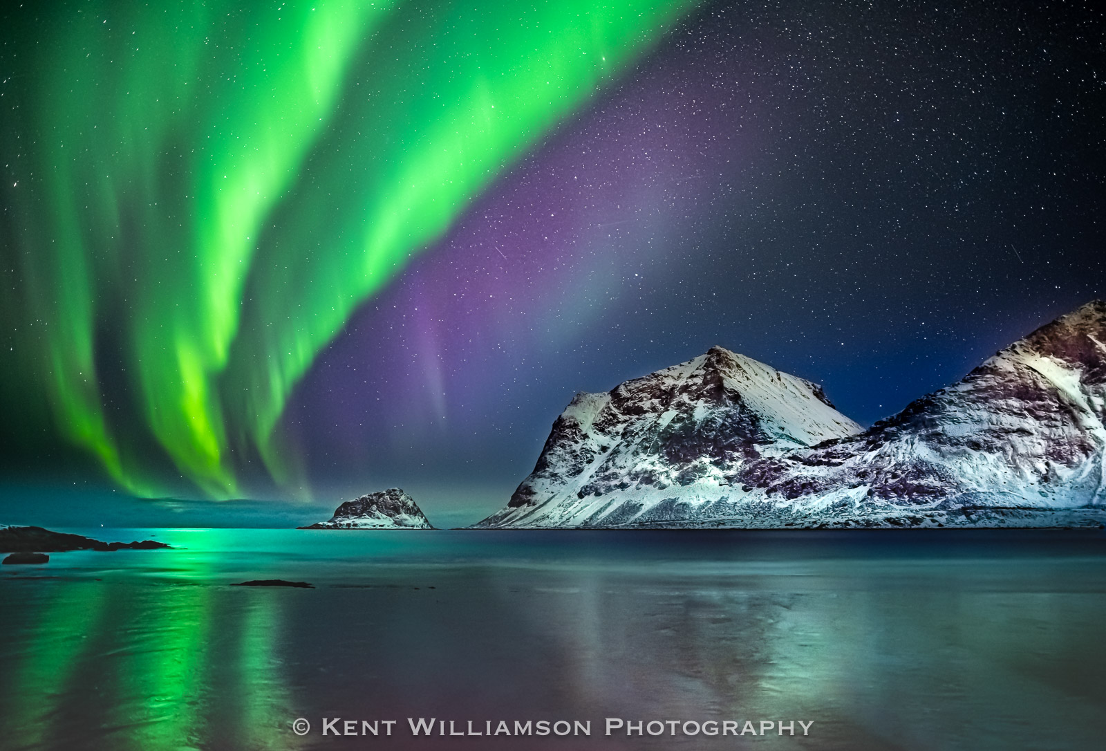 Rapidly-moving Northern Lights in Norway provided interesting patterns.  The Northern Lights were so bright that Haukland Beach...