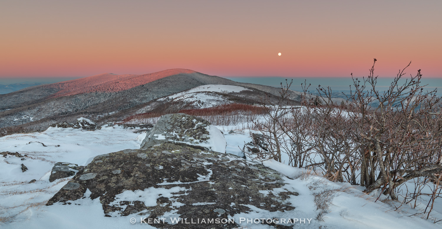 Early sunrise meets a setting moon at Roan Mountain, Tennessee, in Winter